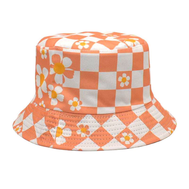 Wholesale Polyester Checkerboard Check Sunflower Flower Print Fisherman Hat