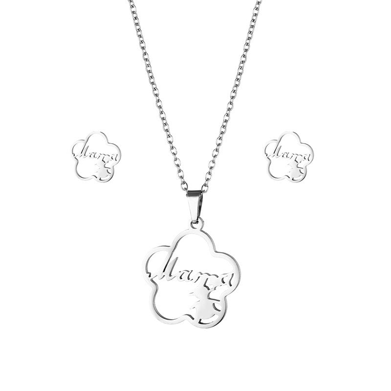 Venta al por mayor, pendientes de acero inoxidable con flor de ciruelo para el día de la madre, conjunto de joyas