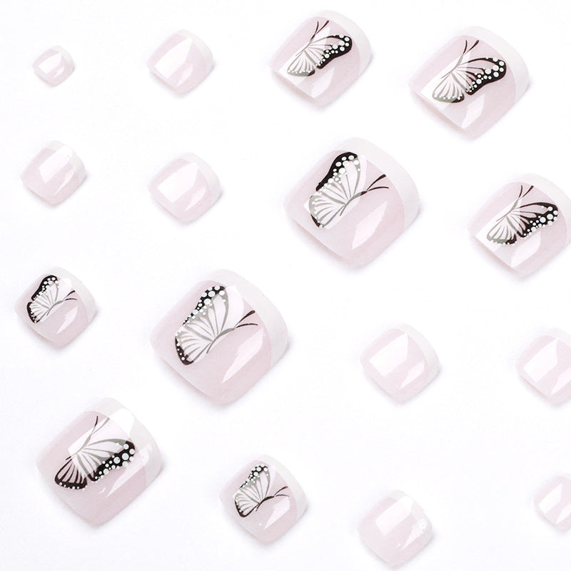 Venta al por mayor de plástico con borde blanco, mariposa francesa, pedicura, desgaste, arte de uñas