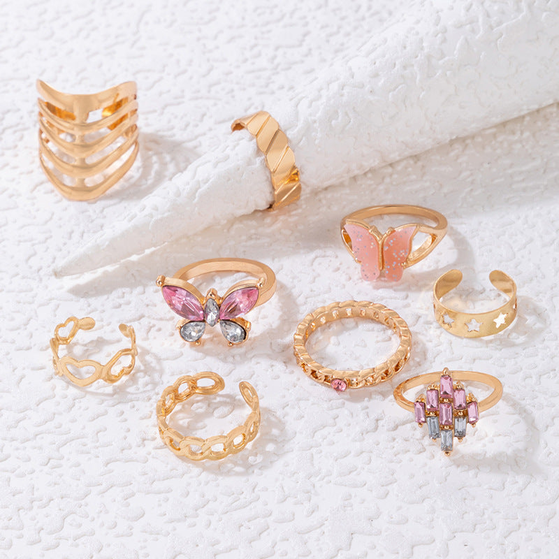 Aleación de la aleación Pink Butterfly Butterfly Diamond Heart Hollow Nine Piezas Setón de anillo