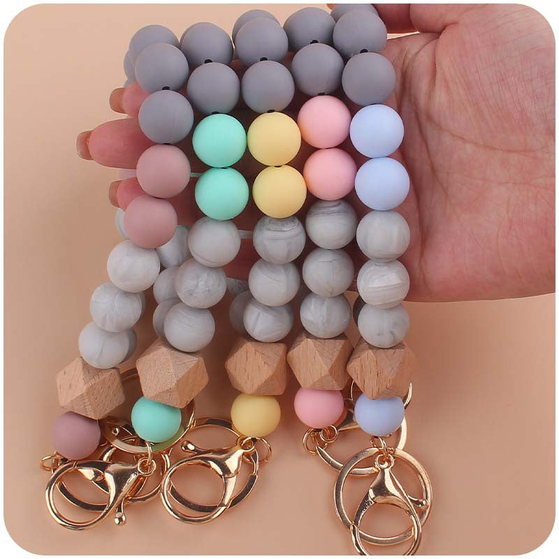 Wholesale Wooden Octagon Hand Silicone Beaded Wrist Keychain