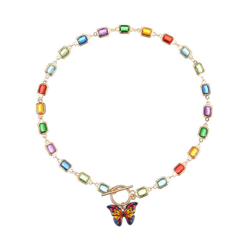 Wholesale Alloy Square Crystal Colorful Diamond Butterfly Necklace