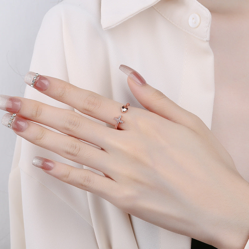 Venta al por mayor Anillo Abierto Cobre Diamante Cruz Corazón