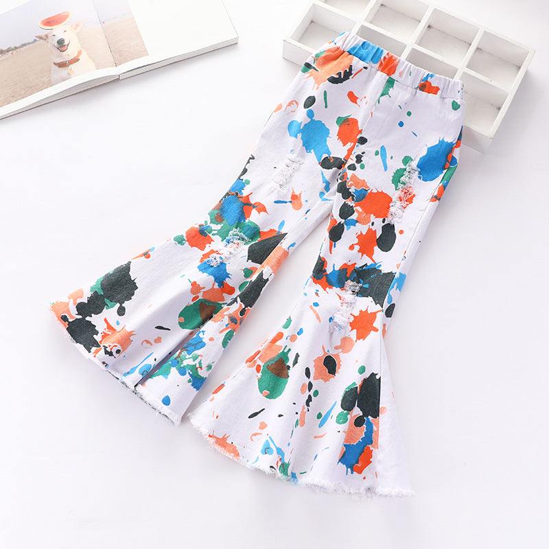 Wholesale Children's Abstract Printed Cotton Denim Flared Pants