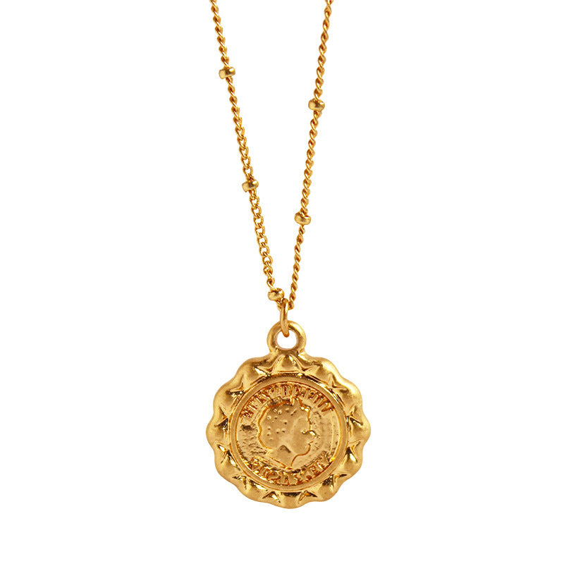 Wholesale Retro Avatar Round Card Pendant Little Angel Wings Pearl Necklace