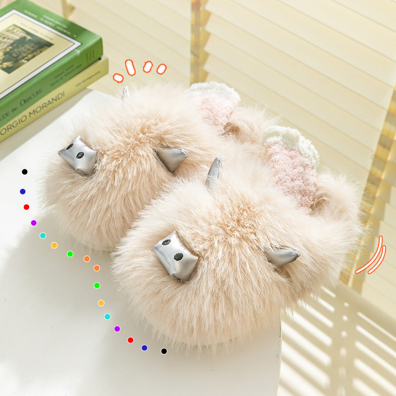 Wholesale cow devil warm autumn and winter long-haired girls cotton slippers cute home cotton slippers