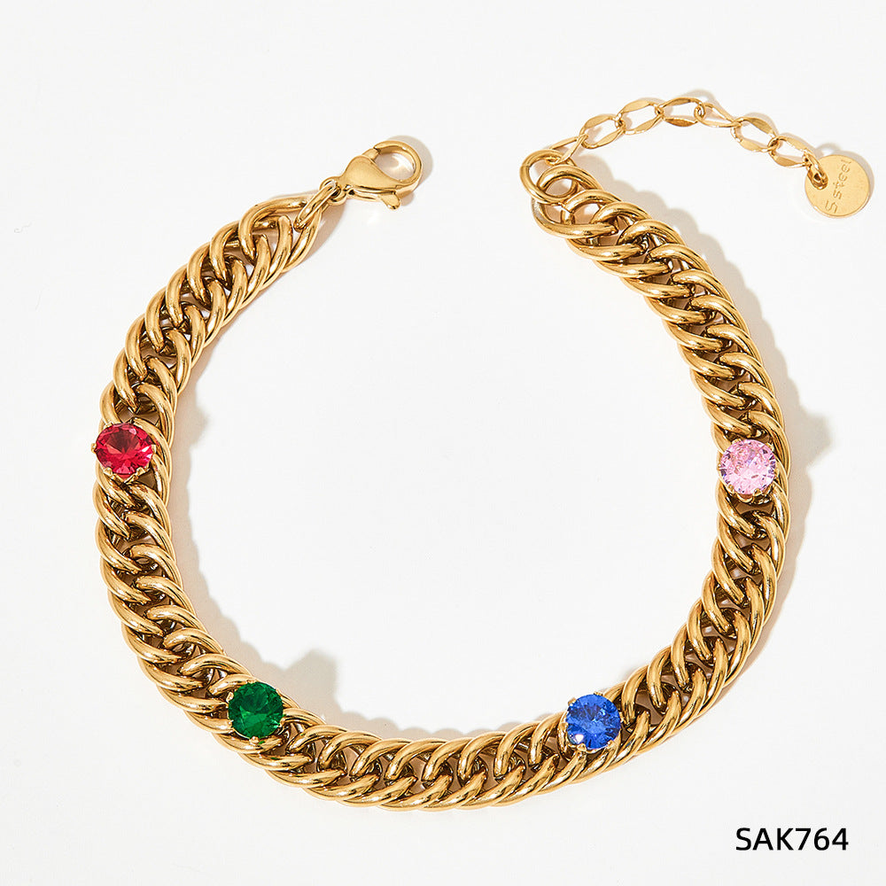 Wholesale Cuban Inlaid Colored Zircon Stainless Steel Gold Plated Necklace