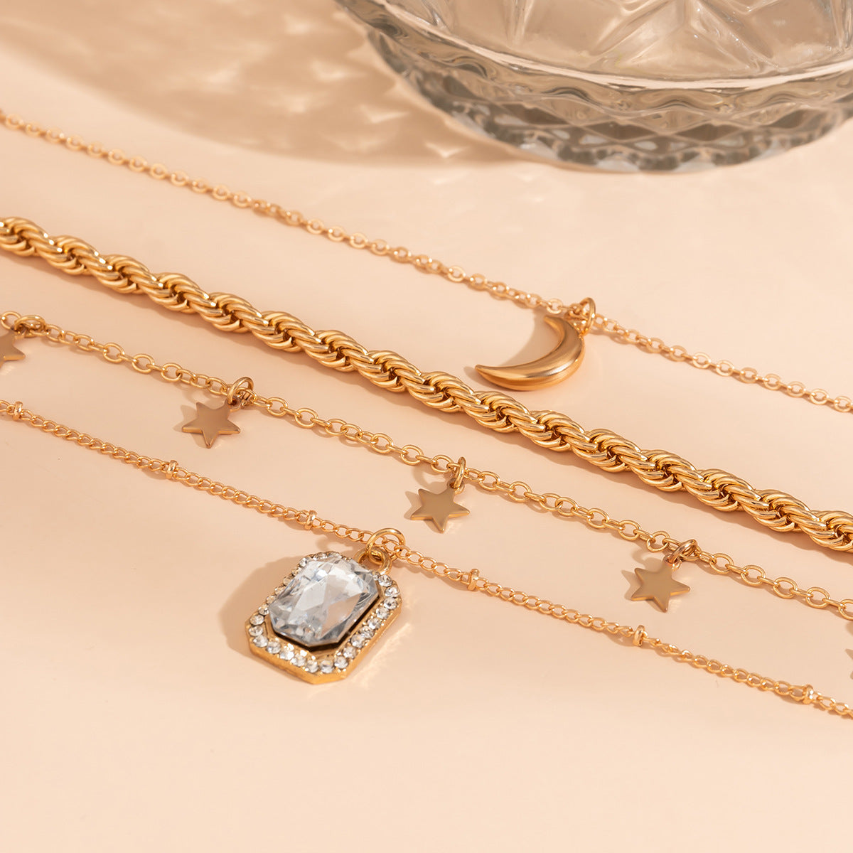 Wholesale Jewelry Alloy Stacked Square Rhinestone Pendant Moon Star Necklace