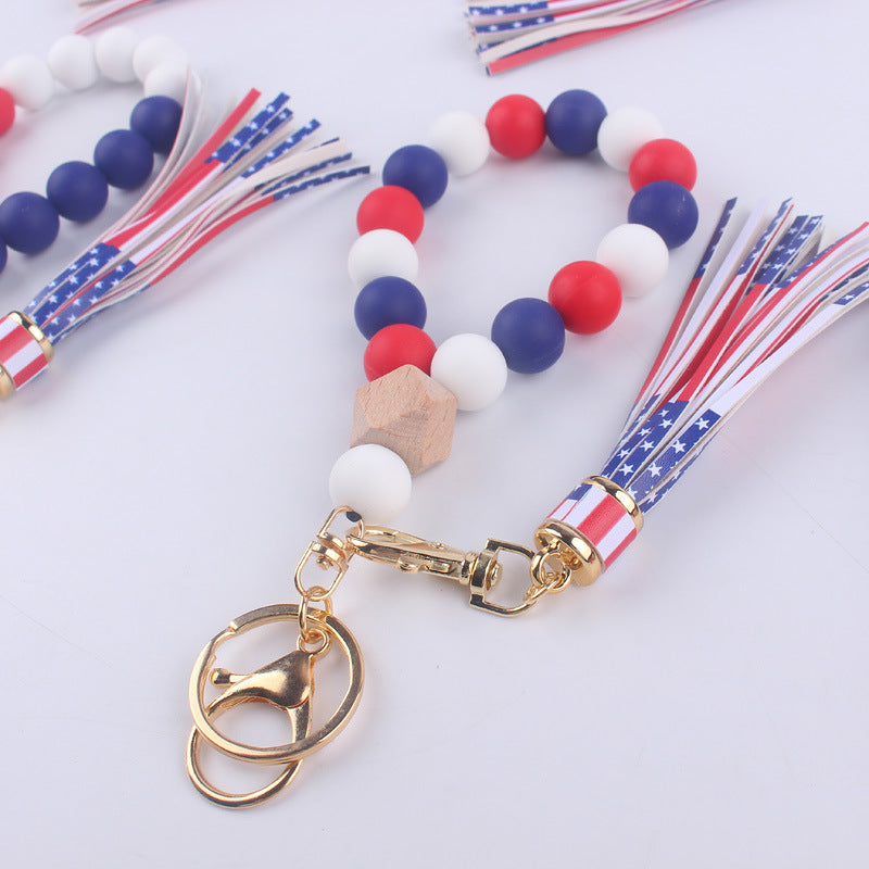 Wholesale US Flag Tassel Silicone Beaded Wrist Keychain