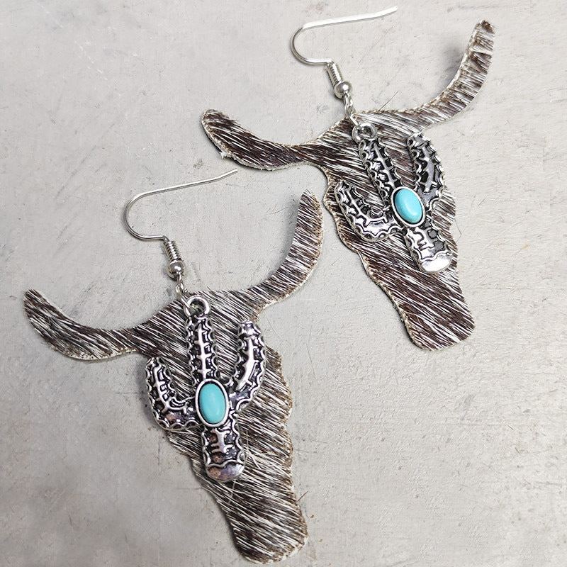 Wholesale 2 Pairs/Pack Leopard Cow Pattern Cactus Bull Head Alloy Leather Earrings