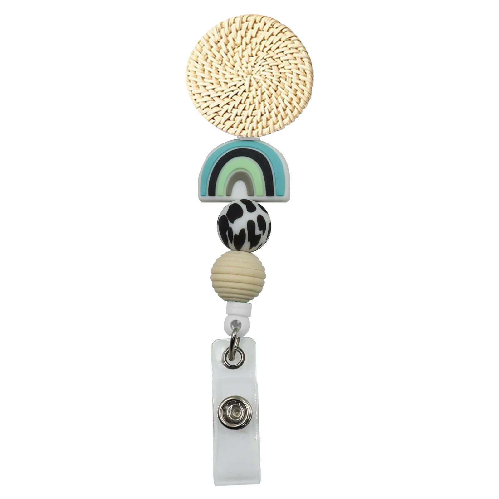 Wholesale Badge Reels Rattan Silicone Beads Rainbow retractable keychain