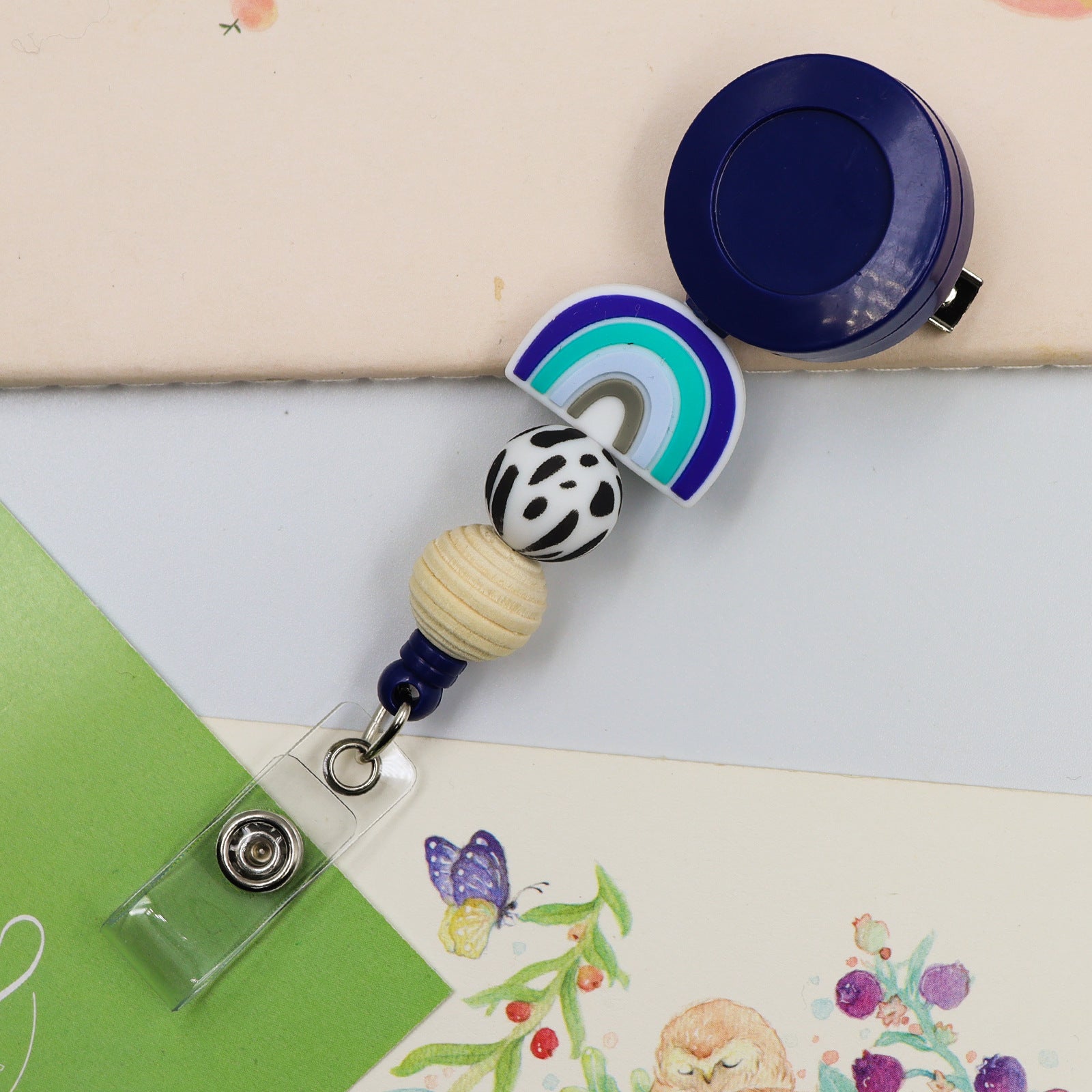 Wholesale Badge Reels Silicone Beaded Rainbow Retractable Keychain