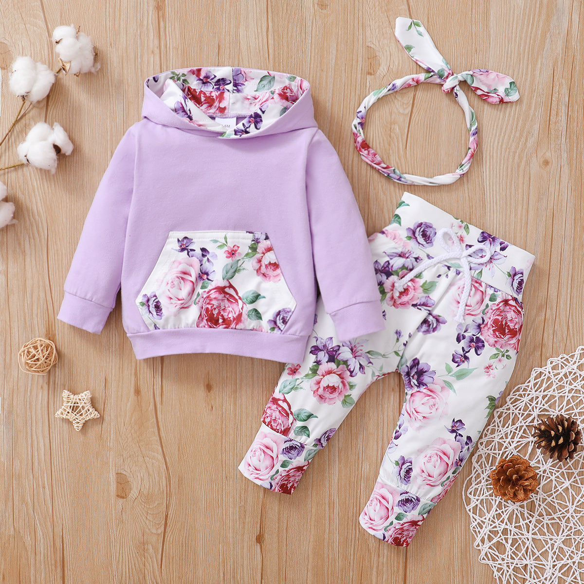 Wholesale Autumn and Winter Cotton Floral Print Hoodie Long Sleeve Hoodie Trousers Three-piece Set