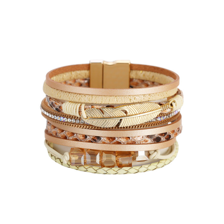 Wholesale Bohemian Crystal Feather Leather Bracelet