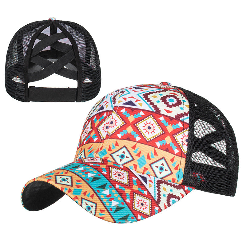 Wholesale Aztec Crossover Elastic Mesh Ponytail Polyester Baseball Hat