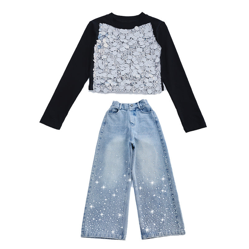 Wholesale Cotton Medium To Large Children's Slimming Sequin Top Two-piece Set