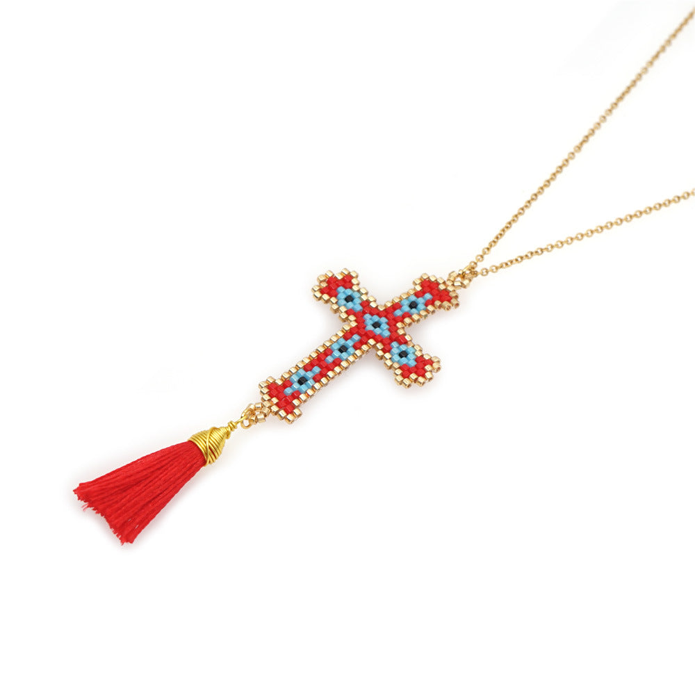 Wholesale Cross Tassel Handwoven Glass Necklace