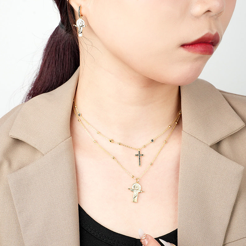 Collar de figura en relieve de doble capa con cruz de cobre al por mayor