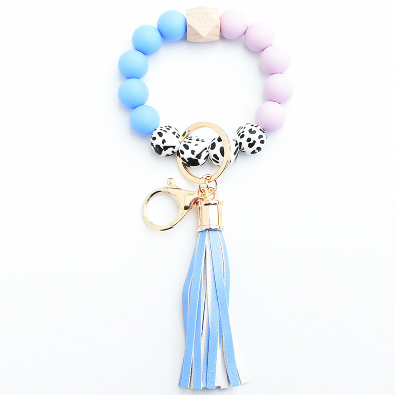 Wholesale Silicone Leopard Pattern Beaded Tassel Wrist Keychain