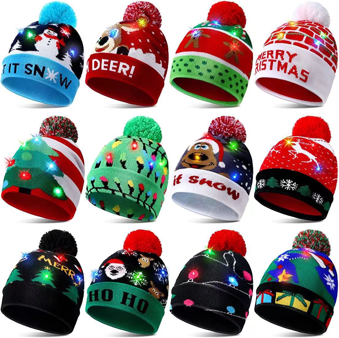 Wholesale Christmas LED Light Knitted Hat Party Warm Adult With Ball Hat