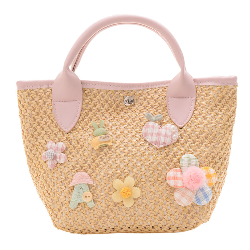 Venta al por mayor Bolsa de paja de asas de apliques de vacaciones