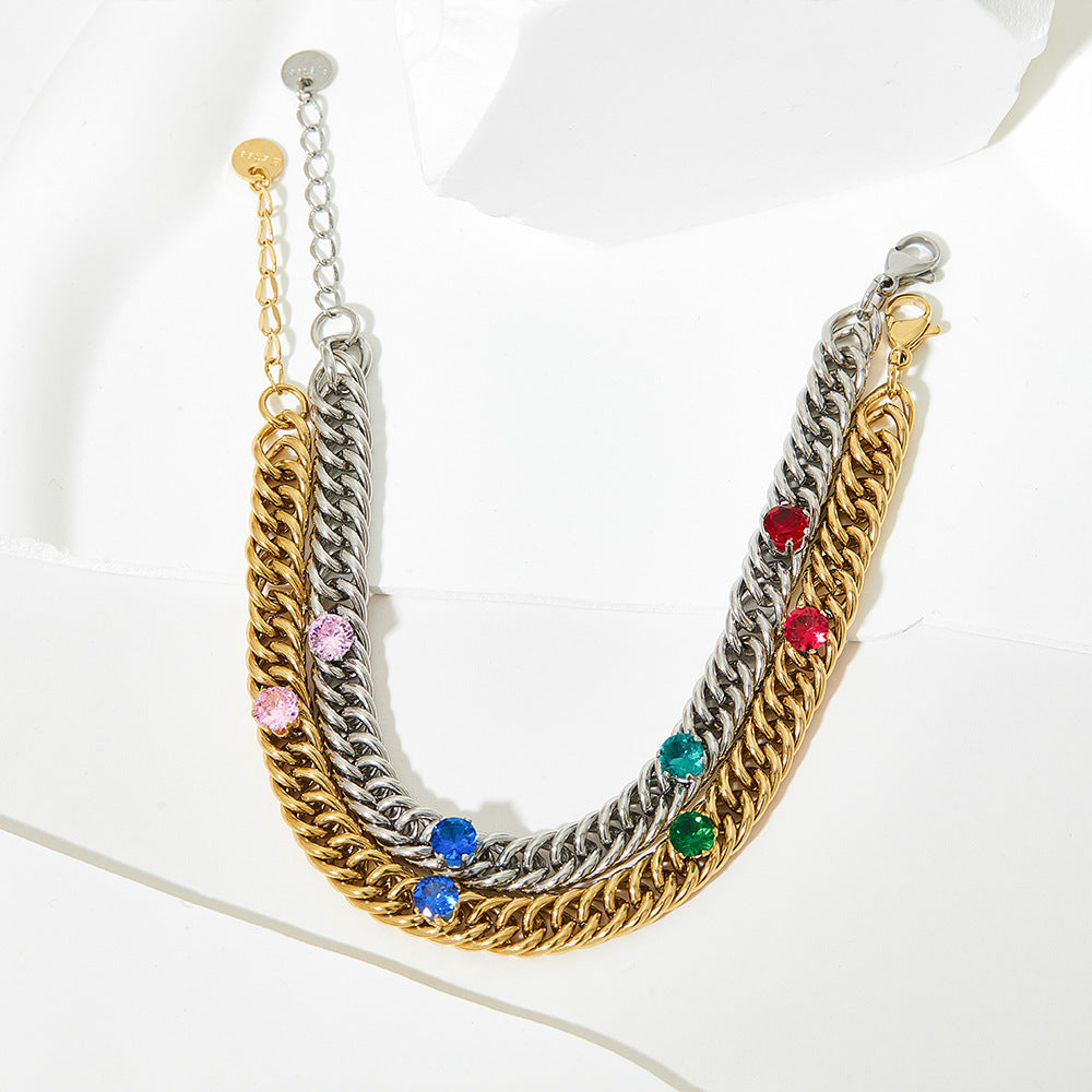 Wholesale Cuban Inlaid Colored Zircon Stainless Steel Gold Plated Necklace