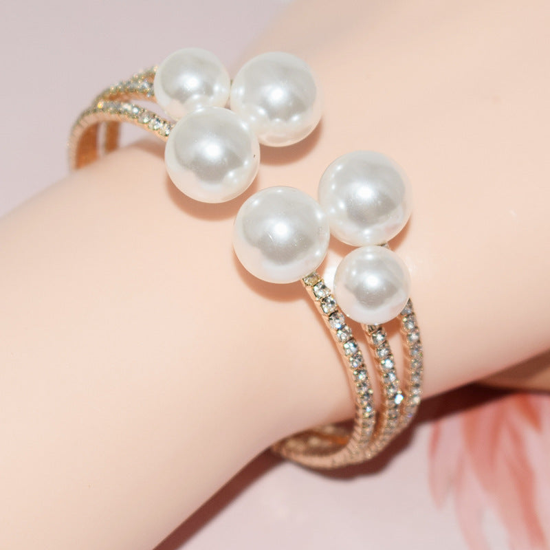 Wholesale Pearl Rhinestone Multilayer Opening Bracelet
