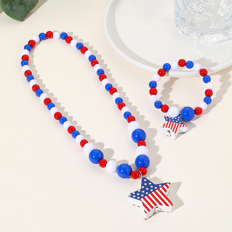 Wholesale 10PCS Independence Day Kids Wooden Beads Bracelet Necklace Set
