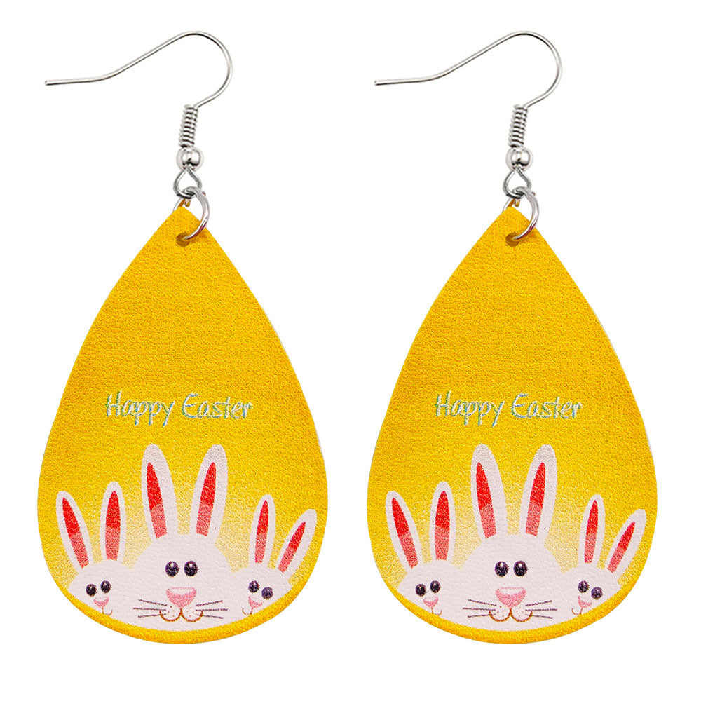 Joyas al por mayor Pendientes de piel sintética con estampado reversible de conejito de Pascua