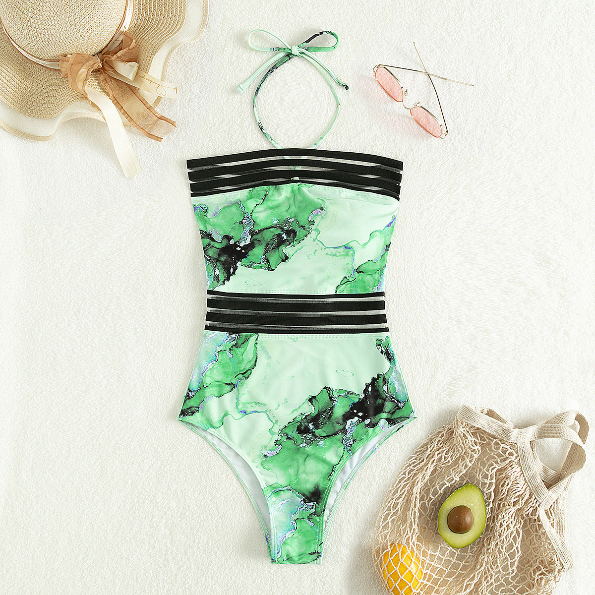 Wholesale Halter Waist Ribbon Print One Piece  Swimwear Polyester