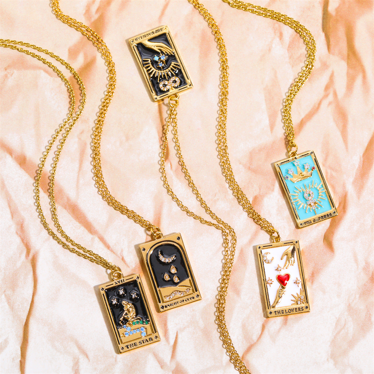 Wholesale Copper Plating Real Gold Retro Tarot Card Necklace with Diamond Square