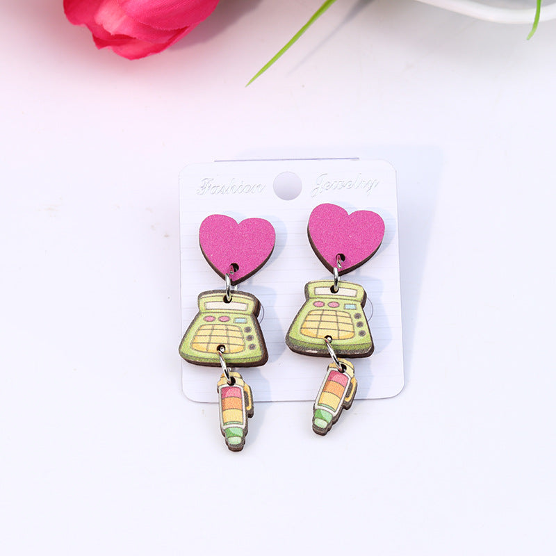 Wholesale Teacher's Day Pen Stripe Heart Wood Ear Studs