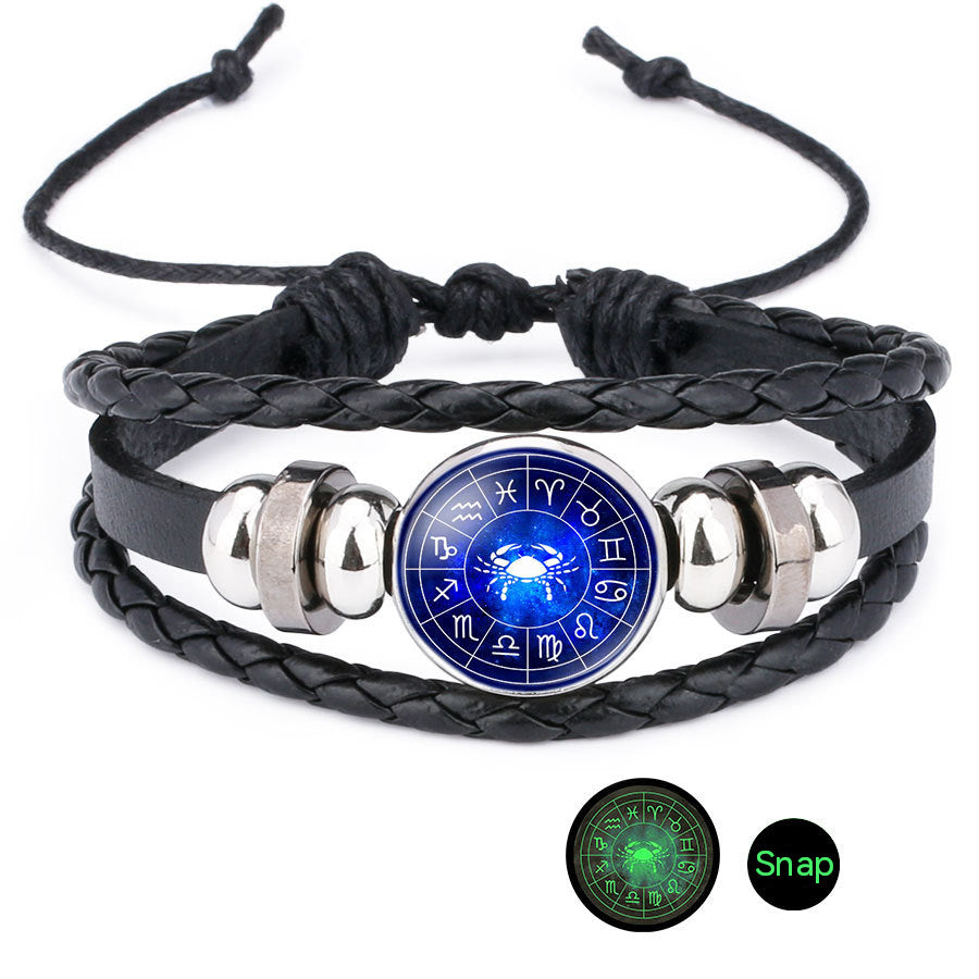 Wholesale Luminous 12 Constellation Time Gems Leather Bracelet