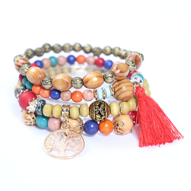 Wholesale Bohemian Tassel Multilayer Wooden Beads Bracelet