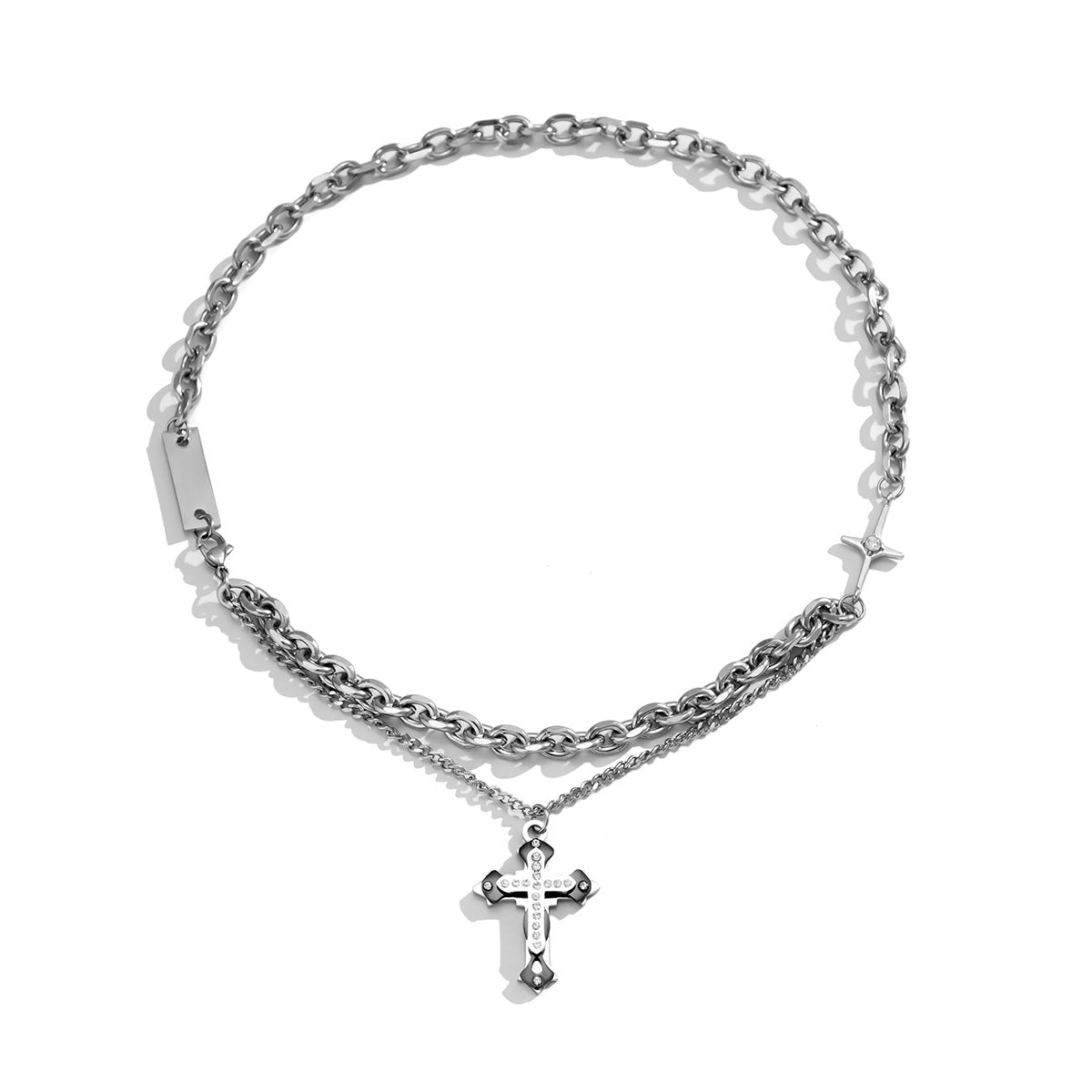 Wholesale Double Layer Diamond Cross Titanium Steel Necklace