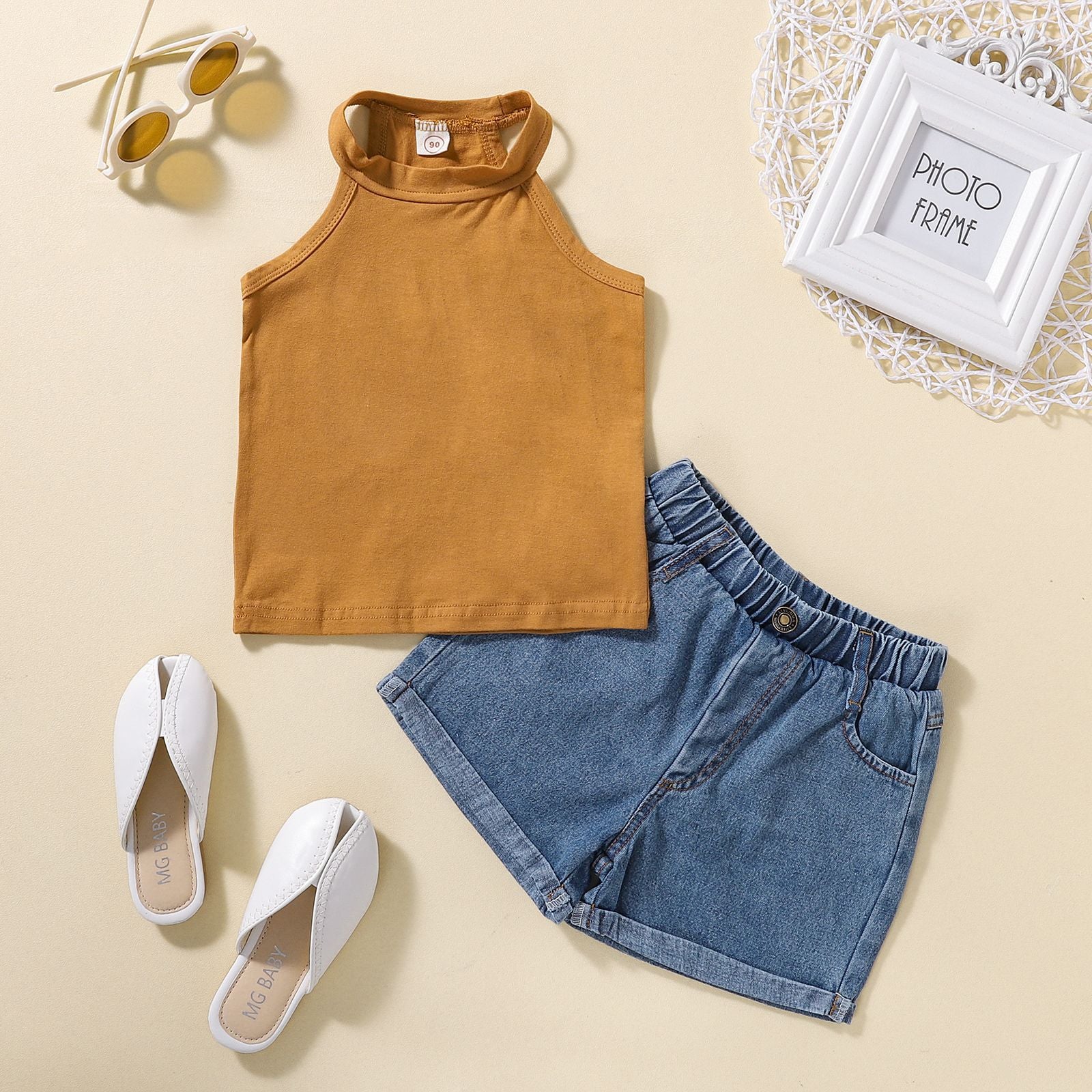 Wholesale Short Solid Color Vest + Jeans Set Cotton Baby Clothes