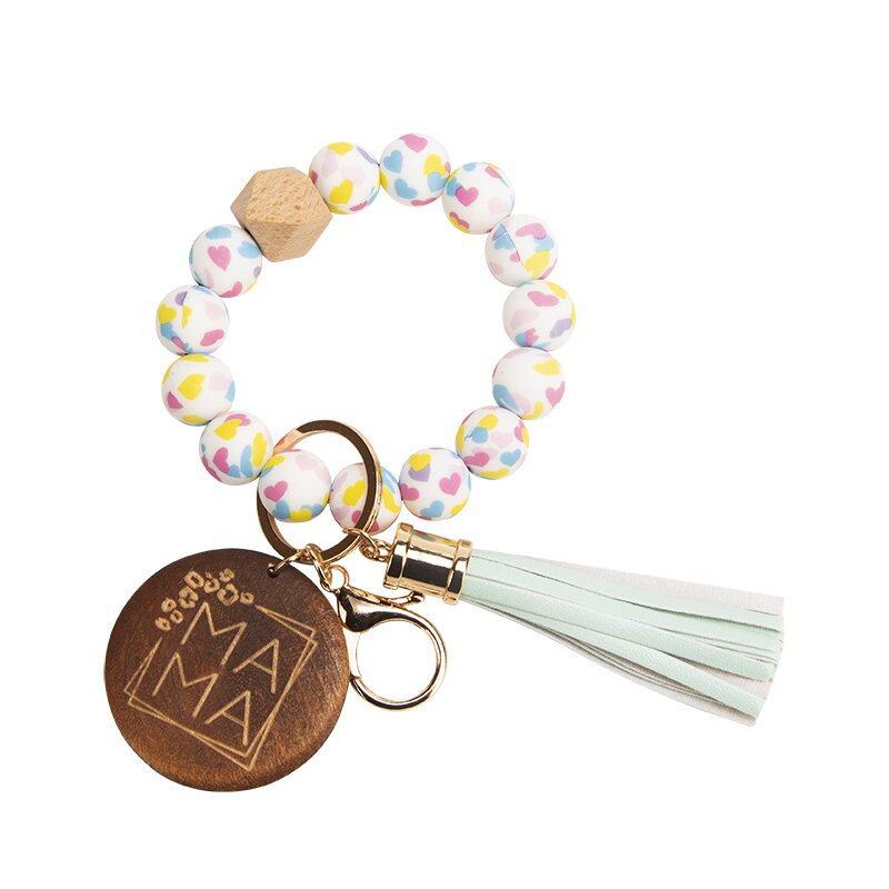Wholesale MAMA Listed Wood Chip Cow Print Beads Silicone Key Chain