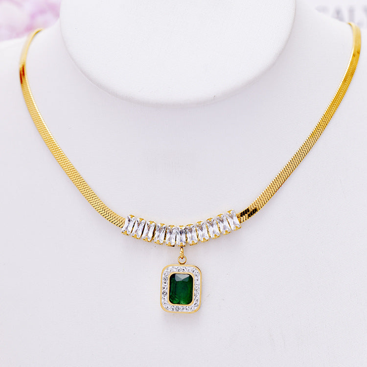 Wholesale Flat Snake Chain Green Diamond Square Titanium Steel Necklaces