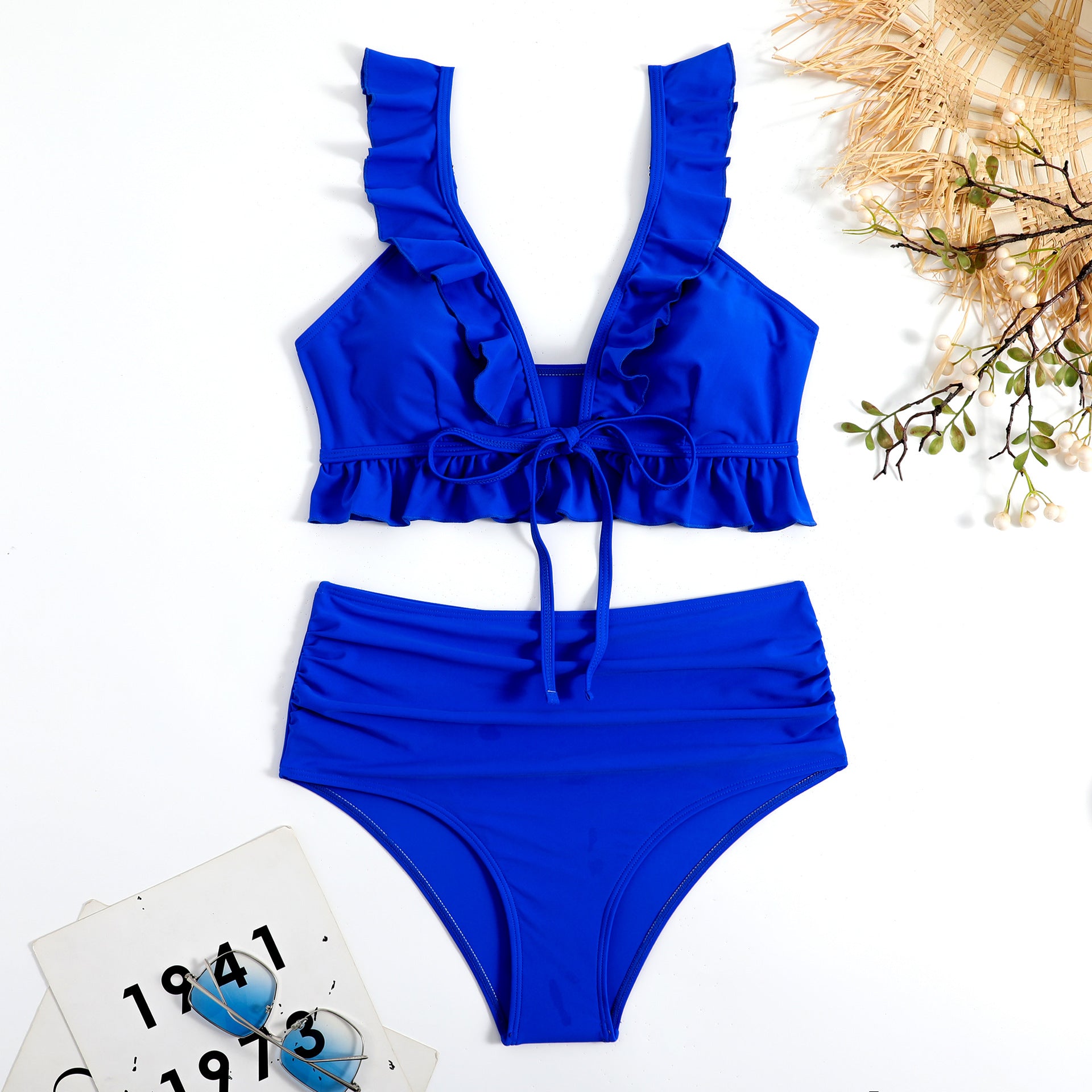 Wholesale Plain High-waisted Ruffle Polyester Swimwear