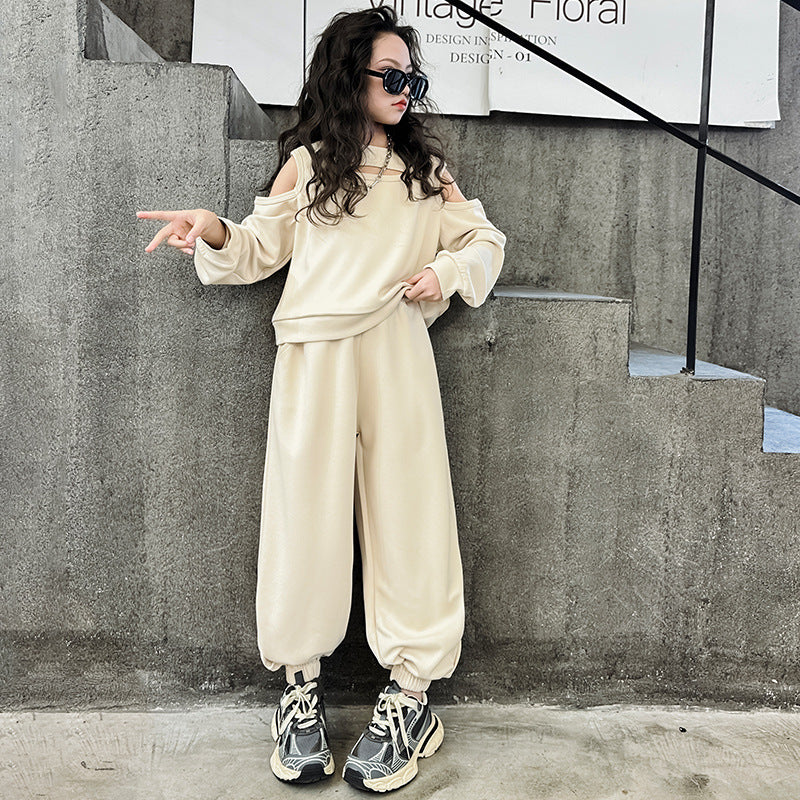 Wholesale Cotton Mid Size Children's Open Shoulder Hoodie Casual Harlan Pants Two-piece Set Trendy