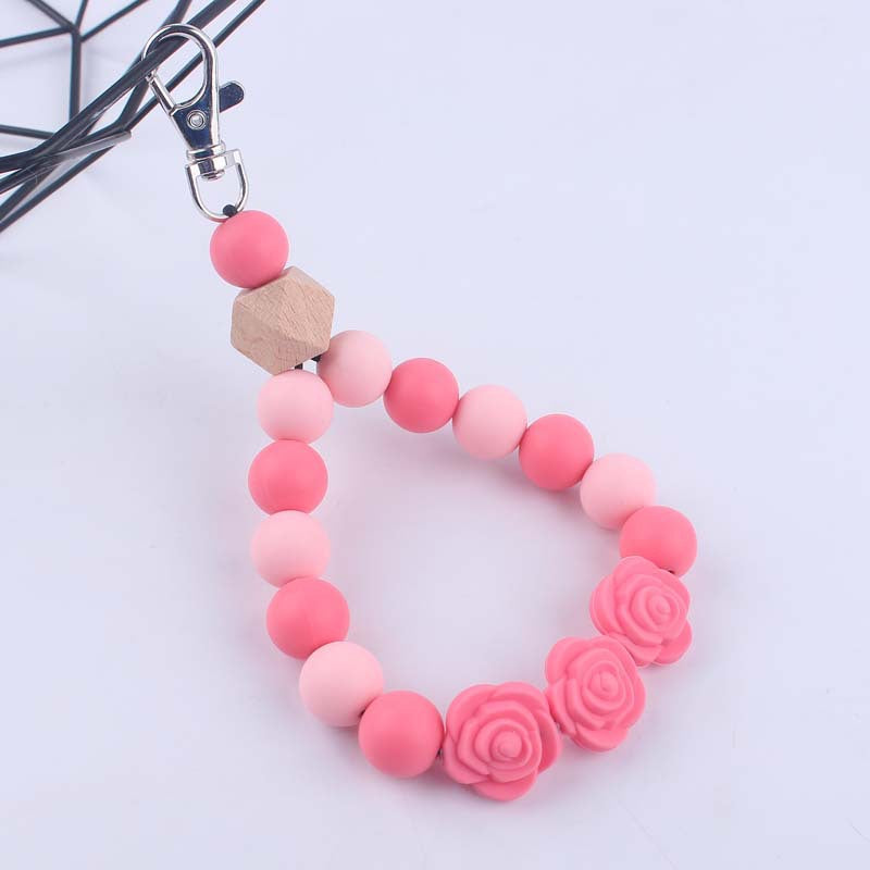 Wholesale Rose Silicone Beaded Wrist Keychain