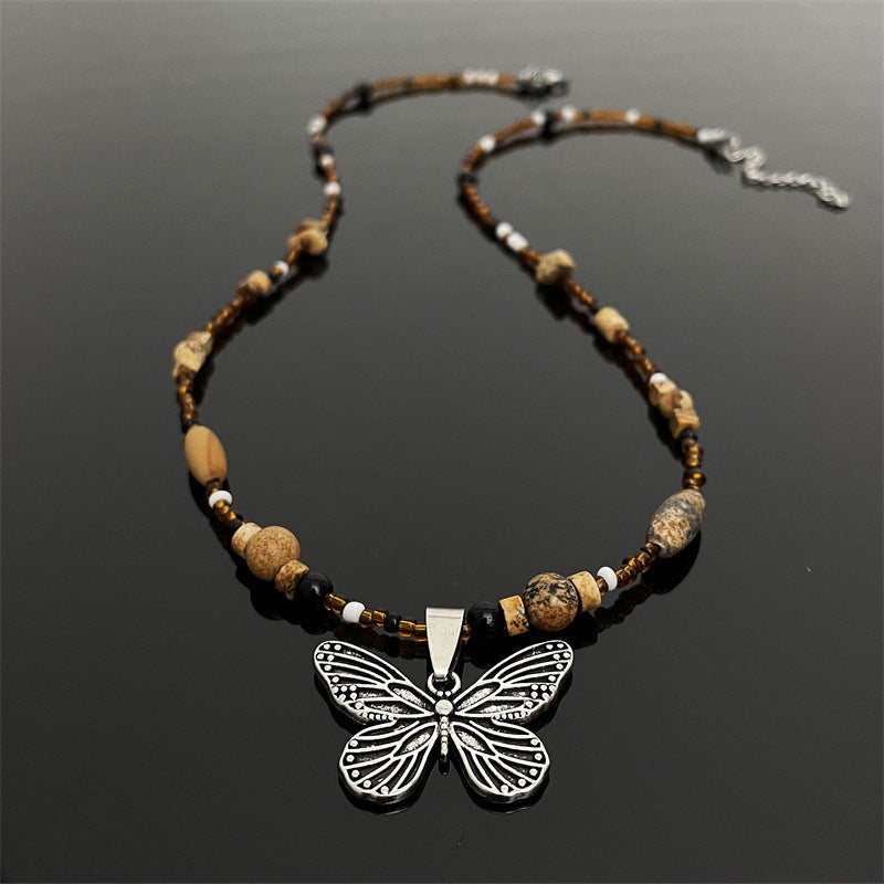 Wholesale Alloy Rice Beads Handmade Beaded Butterfly Necklace