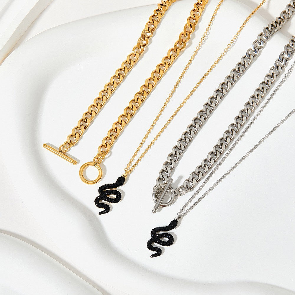 Wholesale Double Stacked Snake Pendant Stainless Steel Necklace