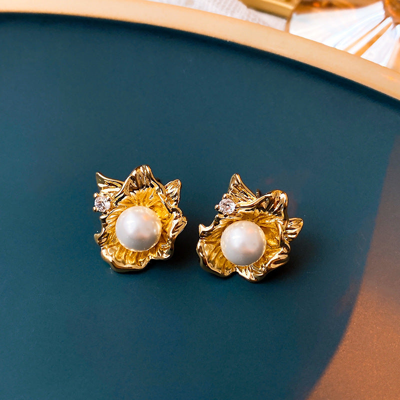 Wholesale Real Gold Plated Silver Needle Vintage Earrings Imitation Pearl