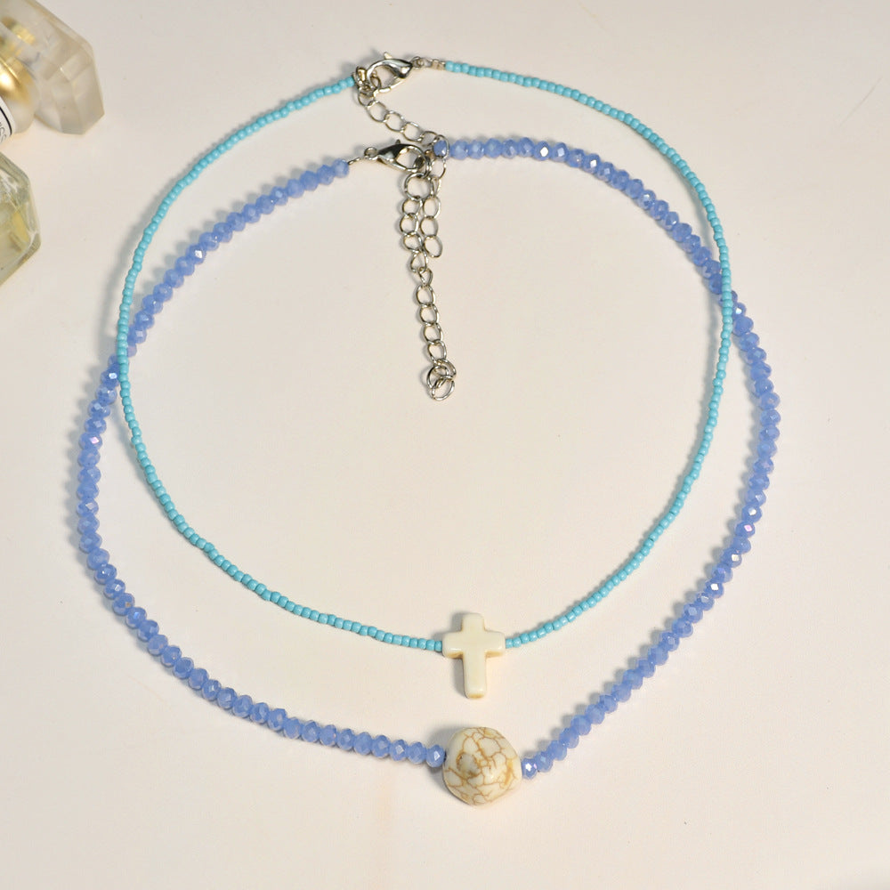 Wholesale Glass Blue Eyes Rice Beads Cross Layer Necklace