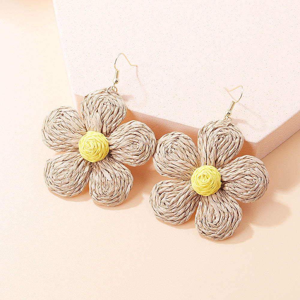 Wholesale Vacation Style Braided Flowers Straw Rope Earrings