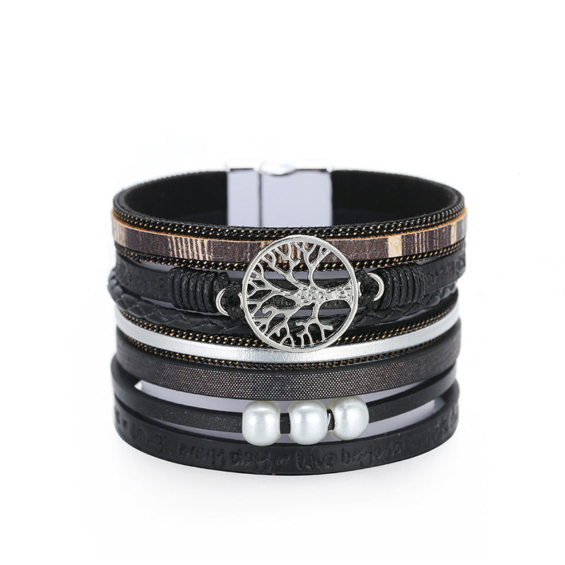 Wholesale Vintage Bohemian Tree of Life Leather Magnetic Buckle Bracelet