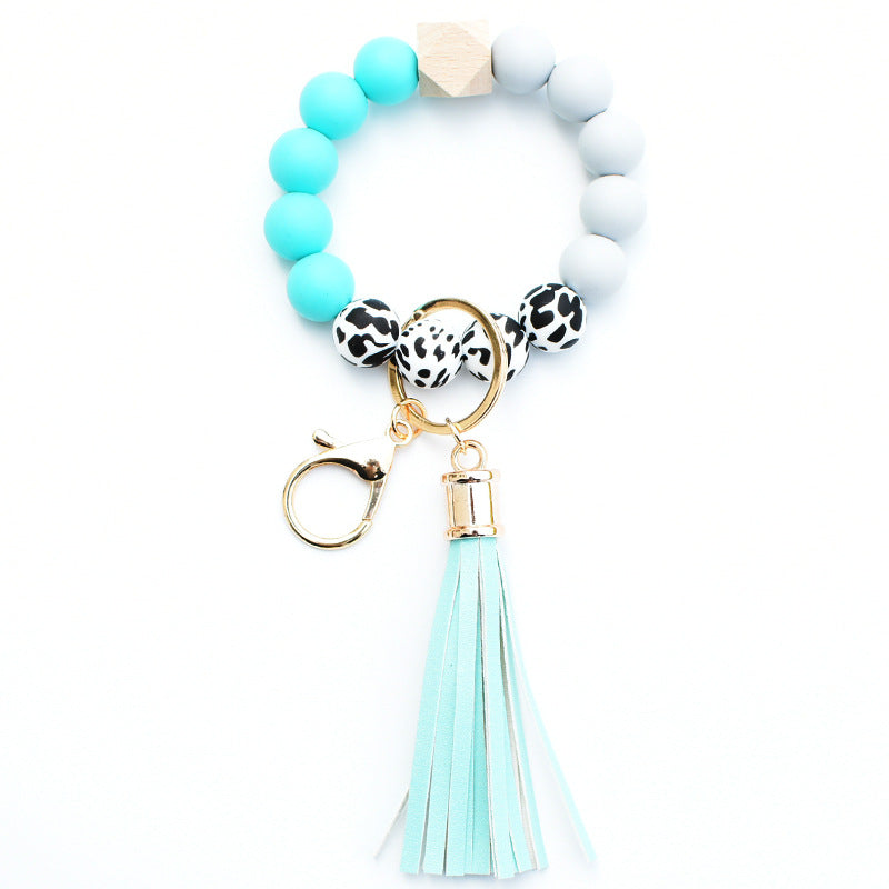 Wholesale Silicone Leopard Pattern Beaded Tassel Wrist Keychain