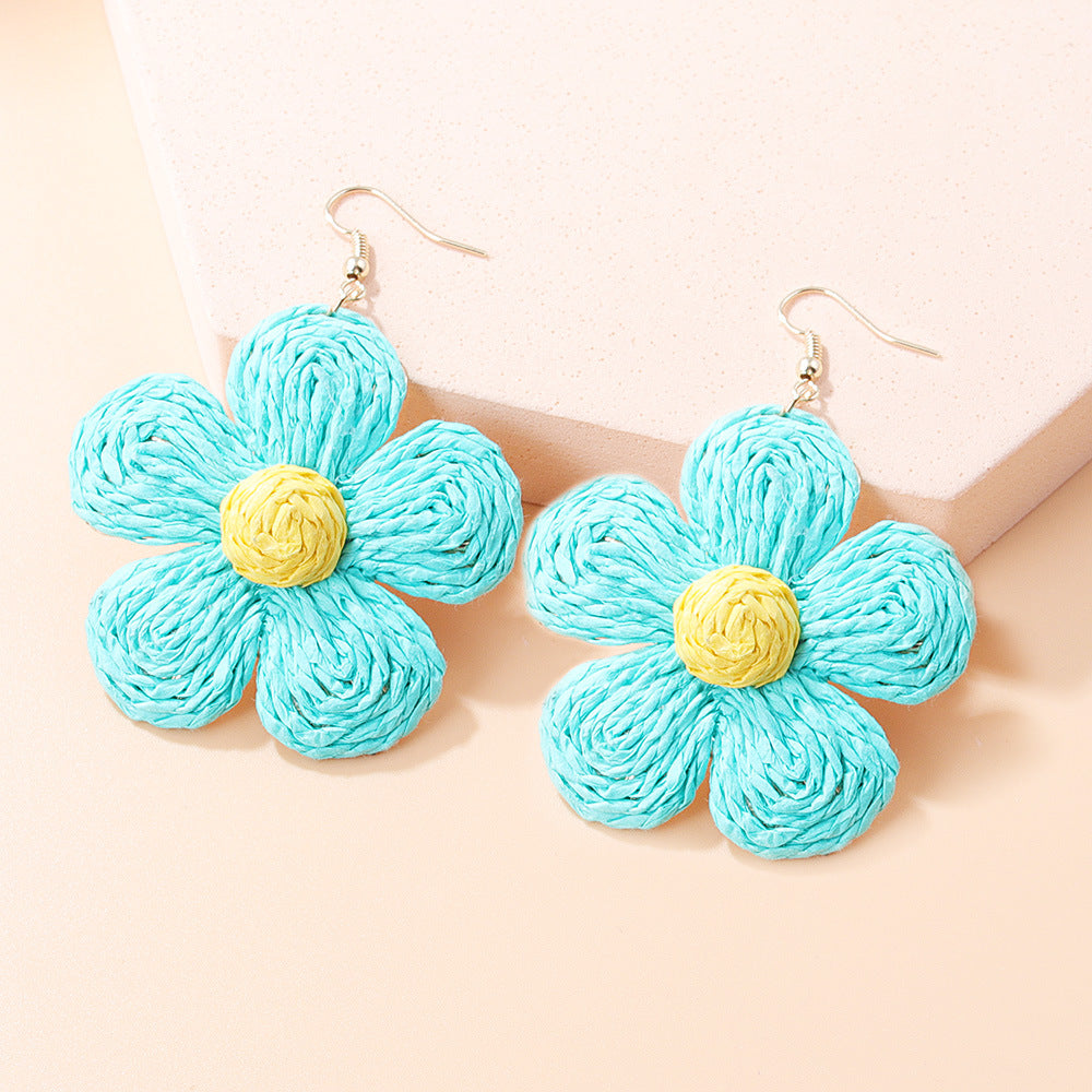 Wholesale Vacation Style Braided Flowers Straw Rope Earrings