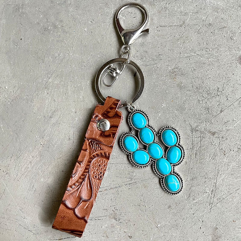 Wholesale One Pack of  TwoWestern Cowboy Style Turquoise Pumpkin Flower Pendant Cowhide Key Chain  2PAIR/PACK